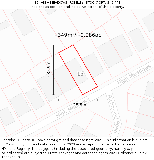 16, HIGH MEADOWS, ROMILEY, STOCKPORT, SK6 4PT: Plot and title map