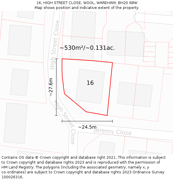 16, HIGH STREET CLOSE, WOOL, WAREHAM, BH20 6BW: Plot and title map