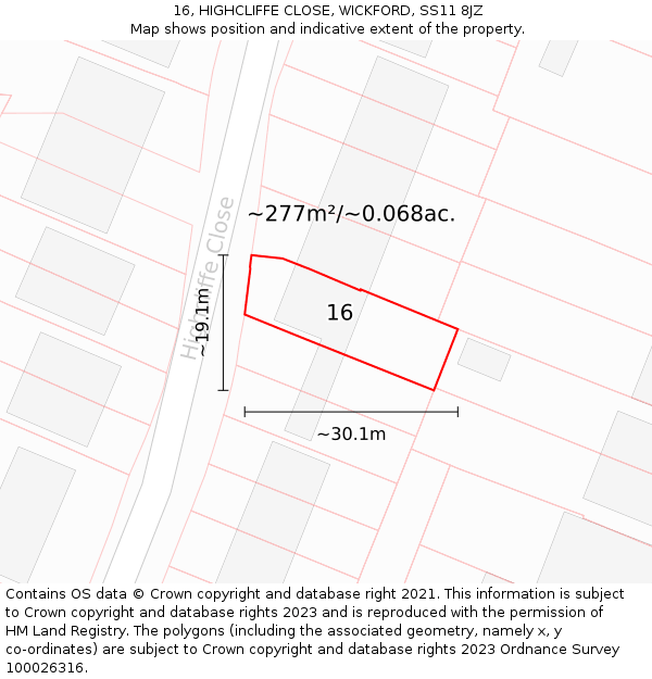 16, HIGHCLIFFE CLOSE, WICKFORD, SS11 8JZ: Plot and title map