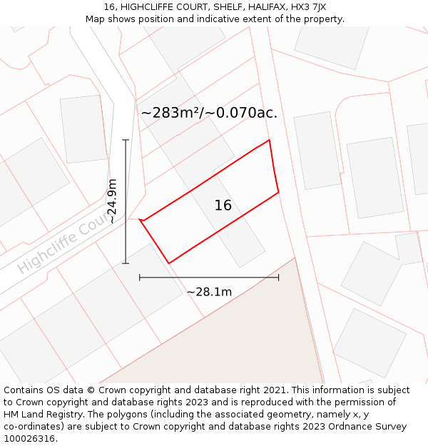 16, HIGHCLIFFE COURT, SHELF, HALIFAX, HX3 7JX: Plot and title map