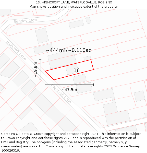 16, HIGHCROFT LANE, WATERLOOVILLE, PO8 9NX: Plot and title map