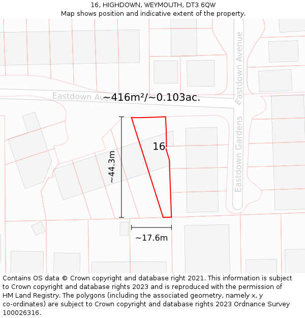 16, HIGHDOWN, WEYMOUTH, DT3 6QW: Plot and title map