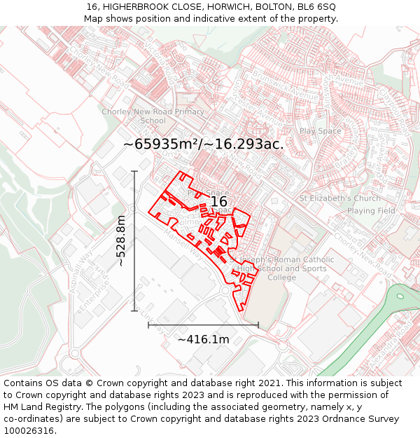 16, HIGHERBROOK CLOSE, HORWICH, BOLTON, BL6 6SQ: Plot and title map