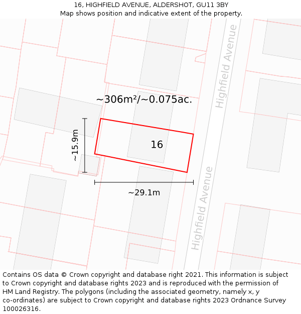 16, HIGHFIELD AVENUE, ALDERSHOT, GU11 3BY: Plot and title map