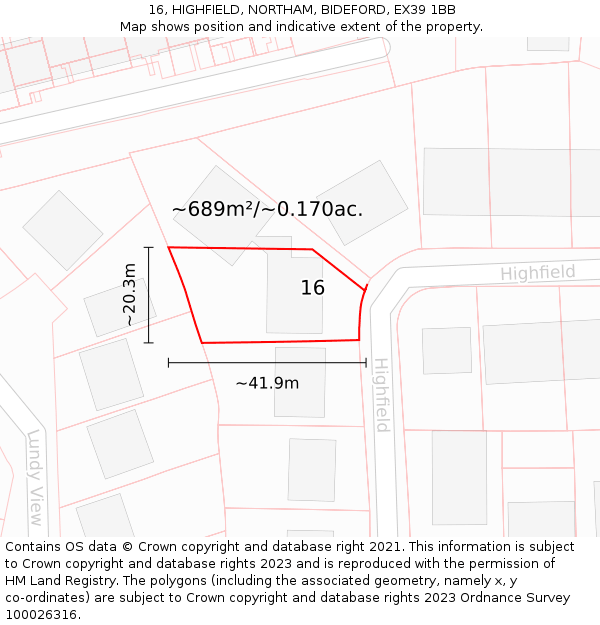 16, HIGHFIELD, NORTHAM, BIDEFORD, EX39 1BB: Plot and title map