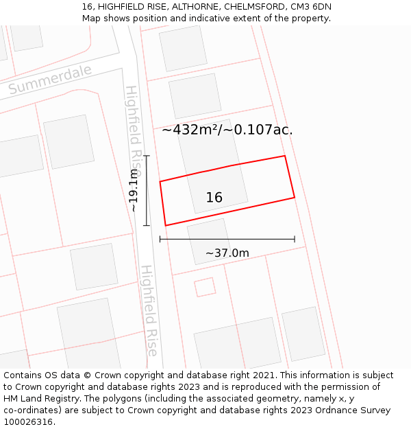 16, HIGHFIELD RISE, ALTHORNE, CHELMSFORD, CM3 6DN: Plot and title map