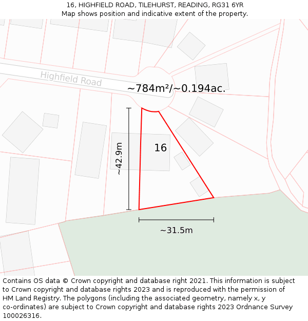 16, HIGHFIELD ROAD, TILEHURST, READING, RG31 6YR: Plot and title map