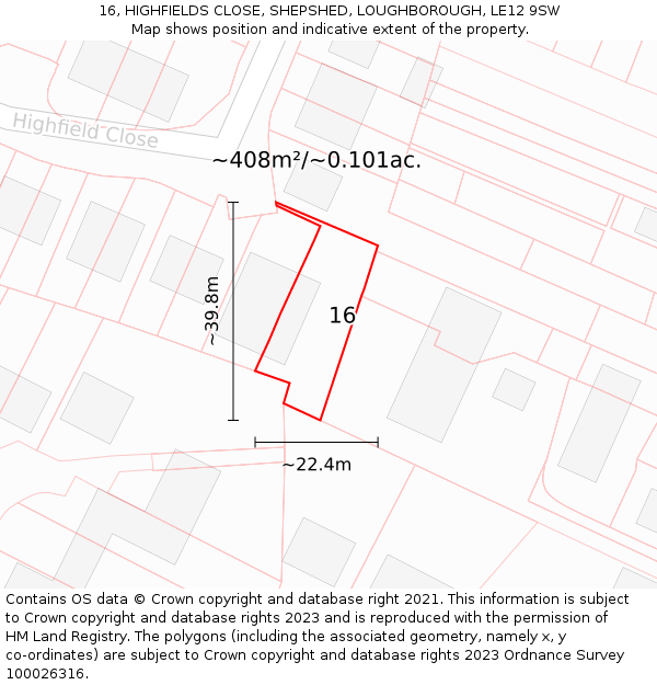 16, HIGHFIELDS CLOSE, SHEPSHED, LOUGHBOROUGH, LE12 9SW: Plot and title map