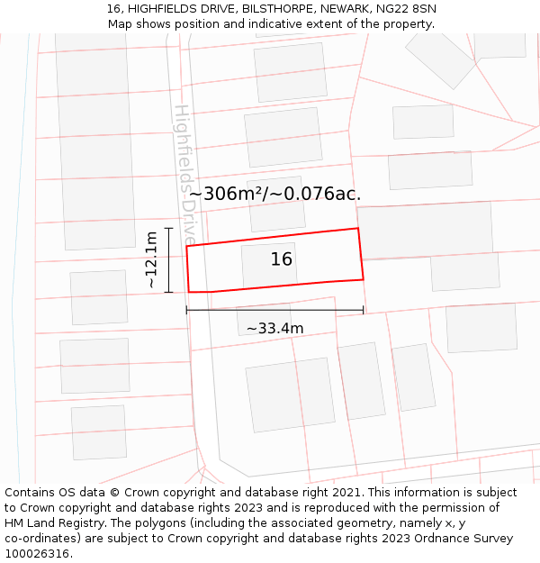 16, HIGHFIELDS DRIVE, BILSTHORPE, NEWARK, NG22 8SN: Plot and title map