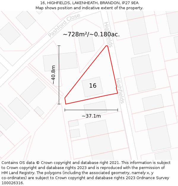 16, HIGHFIELDS, LAKENHEATH, BRANDON, IP27 9EA: Plot and title map