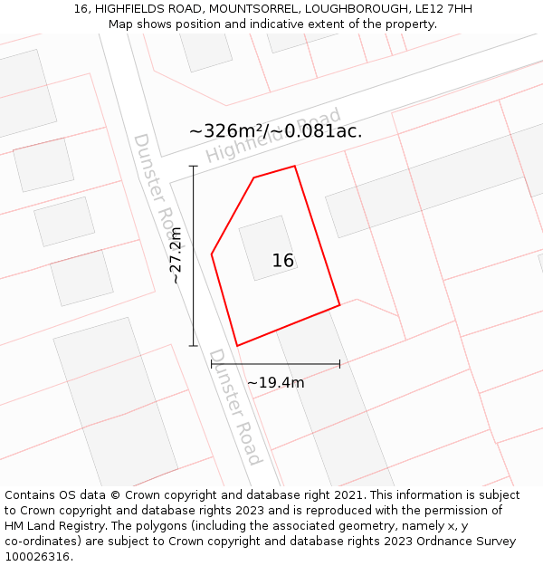 16, HIGHFIELDS ROAD, MOUNTSORREL, LOUGHBOROUGH, LE12 7HH: Plot and title map