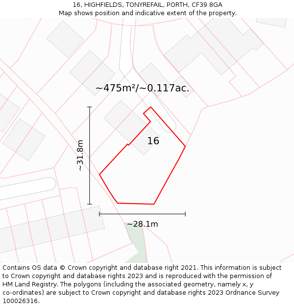 16, HIGHFIELDS, TONYREFAIL, PORTH, CF39 8GA: Plot and title map