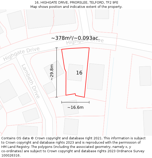 16, HIGHGATE DRIVE, PRIORSLEE, TELFORD, TF2 9FE: Plot and title map