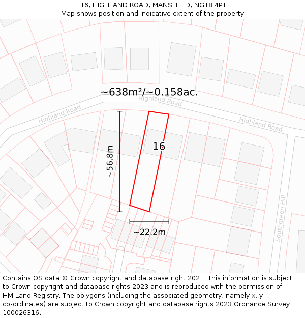 16, HIGHLAND ROAD, MANSFIELD, NG18 4PT: Plot and title map