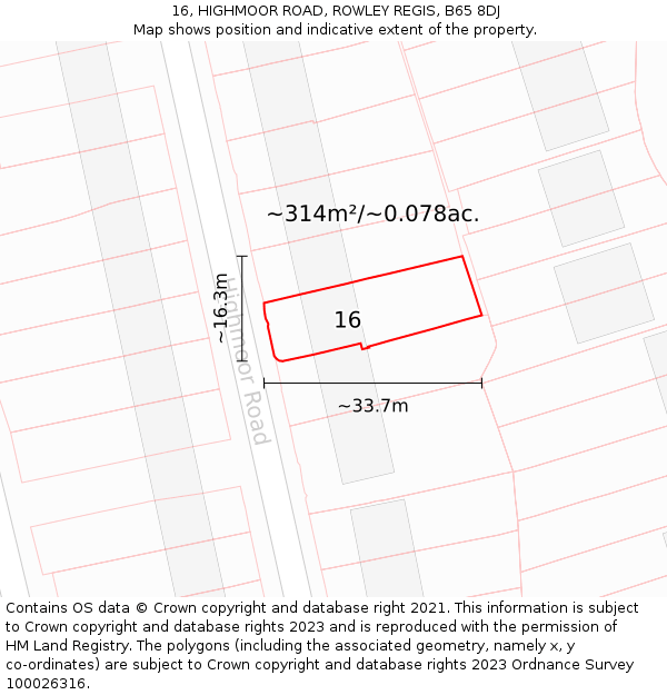 16, HIGHMOOR ROAD, ROWLEY REGIS, B65 8DJ: Plot and title map