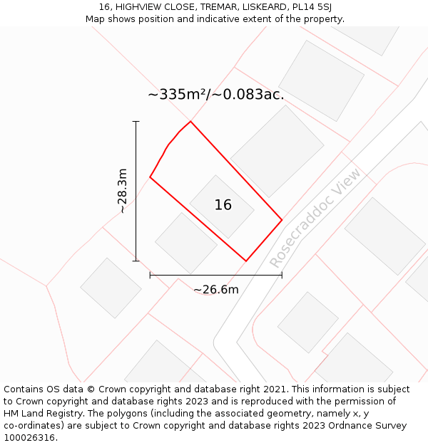 16, HIGHVIEW CLOSE, TREMAR, LISKEARD, PL14 5SJ: Plot and title map