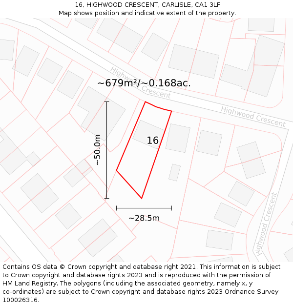 16, HIGHWOOD CRESCENT, CARLISLE, CA1 3LF: Plot and title map