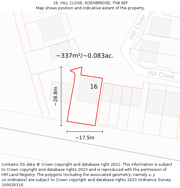 16, HILL CLOSE, EDENBRIDGE, TN8 6EF: Plot and title map