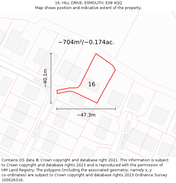 16, HILL DRIVE, EXMOUTH, EX8 4QQ: Plot and title map