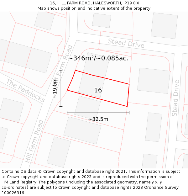 16, HILL FARM ROAD, HALESWORTH, IP19 8JX: Plot and title map