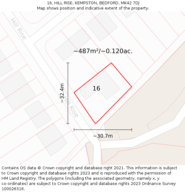 16, HILL RISE, KEMPSTON, BEDFORD, MK42 7DJ: Plot and title map