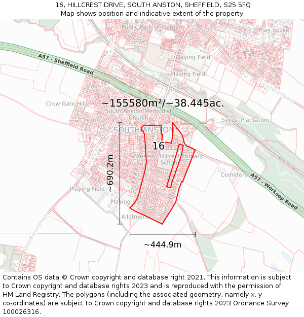 16, HILLCREST DRIVE, SOUTH ANSTON, SHEFFIELD, S25 5FQ: Plot and title map