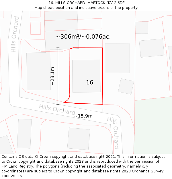 16, HILLS ORCHARD, MARTOCK, TA12 6DF: Plot and title map