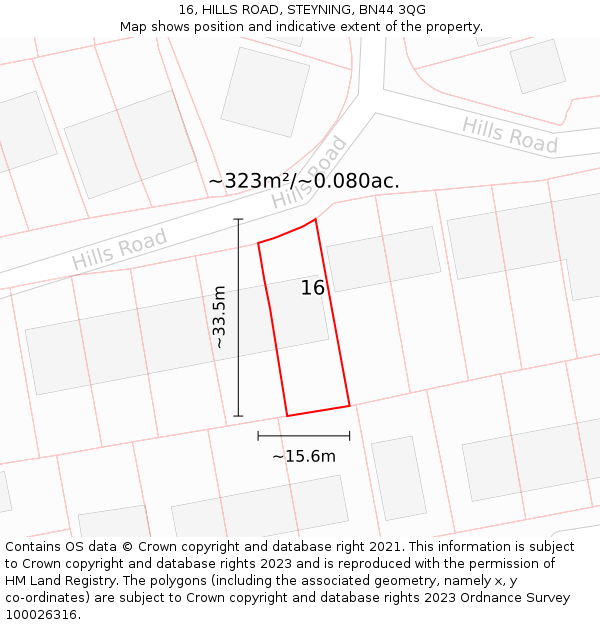 16, HILLS ROAD, STEYNING, BN44 3QG: Plot and title map