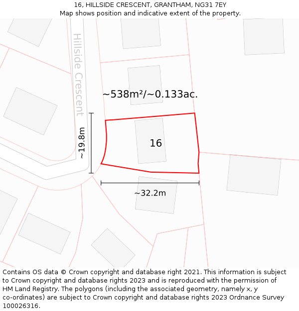 16, HILLSIDE CRESCENT, GRANTHAM, NG31 7EY: Plot and title map