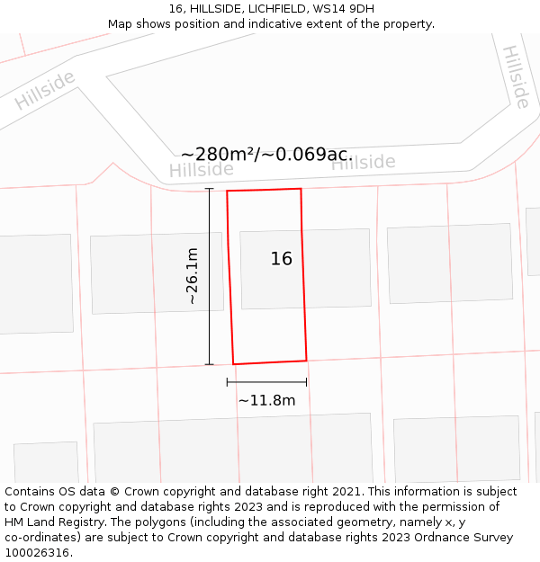 16, HILLSIDE, LICHFIELD, WS14 9DH: Plot and title map