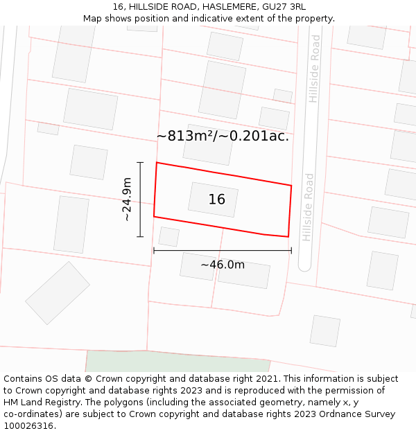 16, HILLSIDE ROAD, HASLEMERE, GU27 3RL: Plot and title map