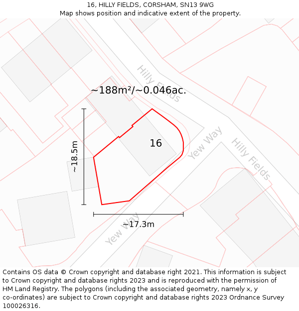 16, HILLY FIELDS, CORSHAM, SN13 9WG: Plot and title map