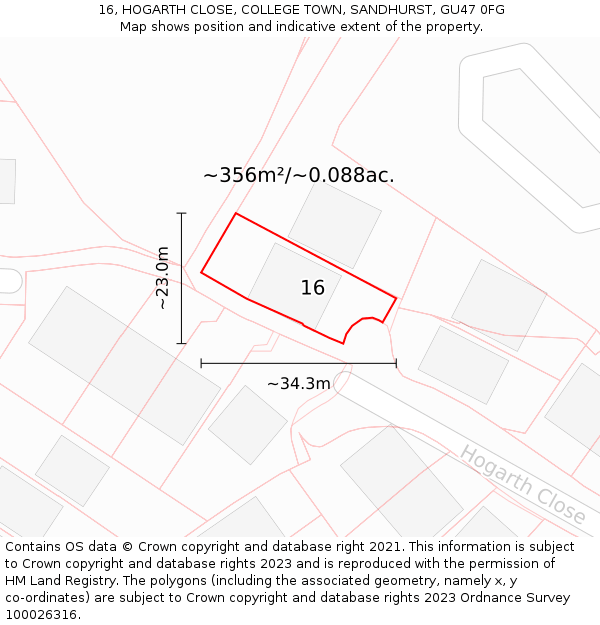 16, HOGARTH CLOSE, COLLEGE TOWN, SANDHURST, GU47 0FG: Plot and title map