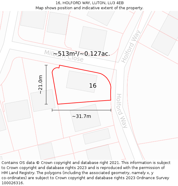 16, HOLFORD WAY, LUTON, LU3 4EB: Plot and title map