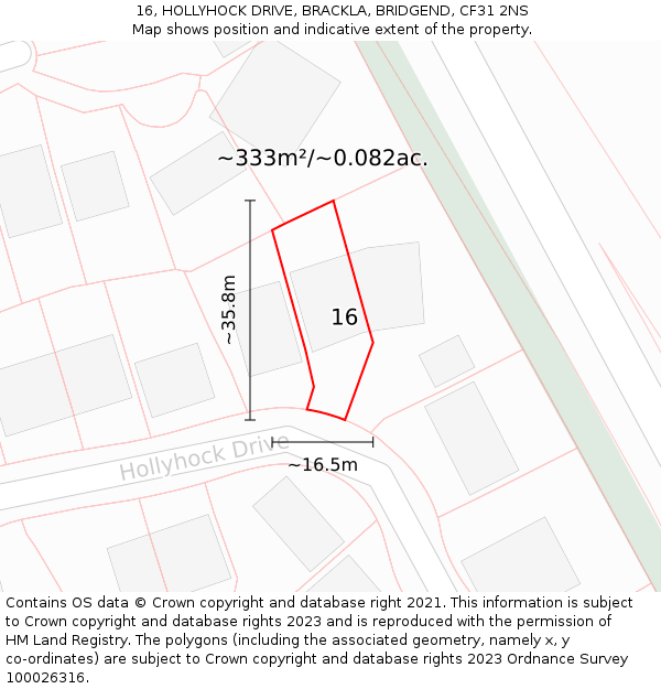 16, HOLLYHOCK DRIVE, BRACKLA, BRIDGEND, CF31 2NS: Plot and title map