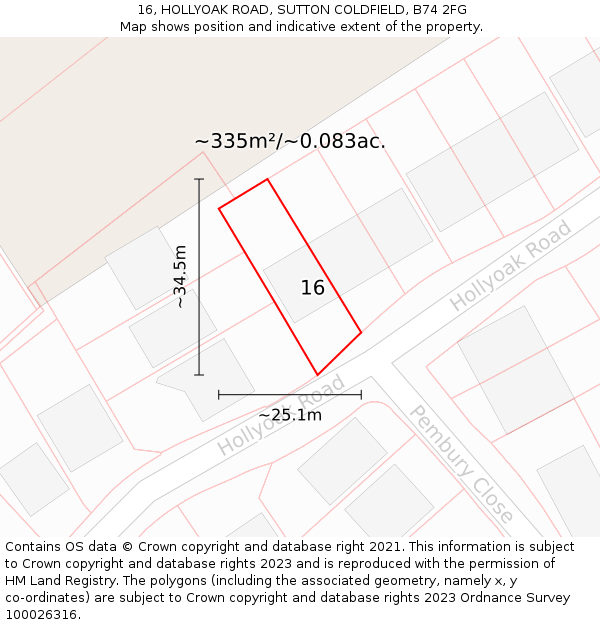 16, HOLLYOAK ROAD, SUTTON COLDFIELD, B74 2FG: Plot and title map