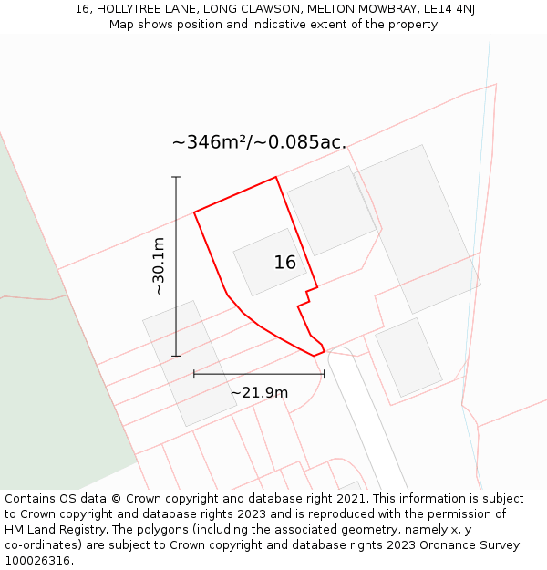 16, HOLLYTREE LANE, LONG CLAWSON, MELTON MOWBRAY, LE14 4NJ: Plot and title map