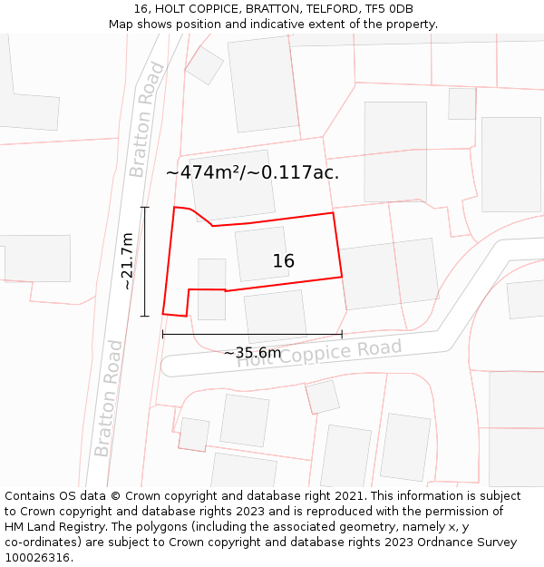 16, HOLT COPPICE, BRATTON, TELFORD, TF5 0DB: Plot and title map