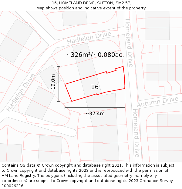 16, HOMELAND DRIVE, SUTTON, SM2 5BJ: Plot and title map