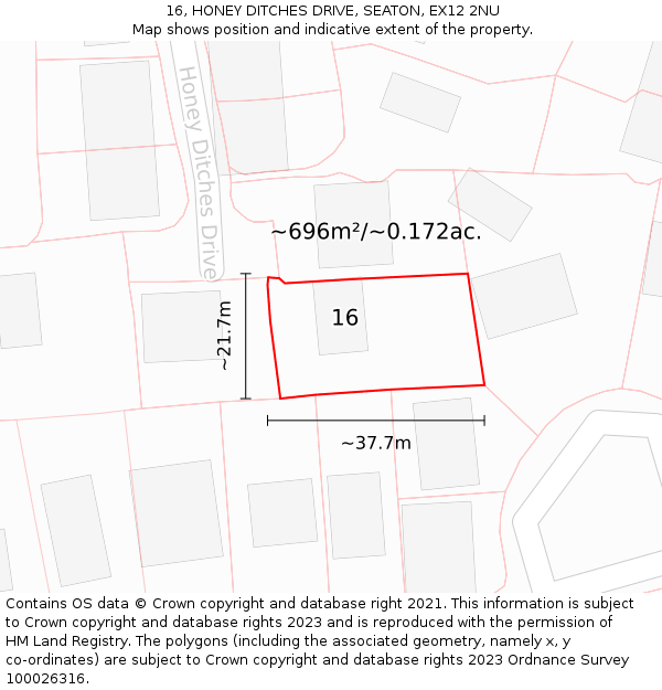 16, HONEY DITCHES DRIVE, SEATON, EX12 2NU: Plot and title map