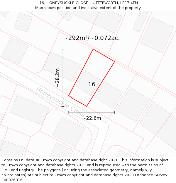 16, HONEYSUCKLE CLOSE, LUTTERWORTH, LE17 4FN: Plot and title map