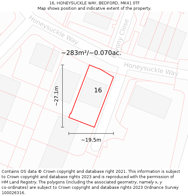 16, HONEYSUCKLE WAY, BEDFORD, MK41 0TF: Plot and title map