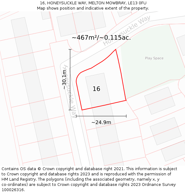 16, HONEYSUCKLE WAY, MELTON MOWBRAY, LE13 0FU: Plot and title map