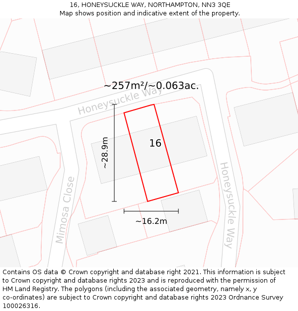 16, HONEYSUCKLE WAY, NORTHAMPTON, NN3 3QE: Plot and title map