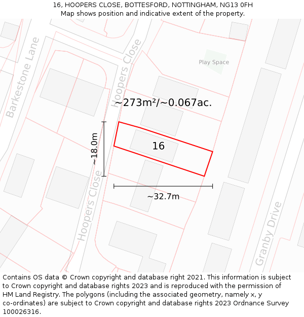 16, HOOPERS CLOSE, BOTTESFORD, NOTTINGHAM, NG13 0FH: Plot and title map