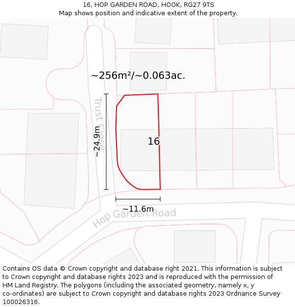 16, HOP GARDEN ROAD, HOOK, RG27 9TS: Plot and title map