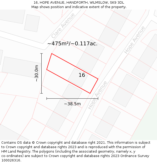 16, HOPE AVENUE, HANDFORTH, WILMSLOW, SK9 3DL: Plot and title map