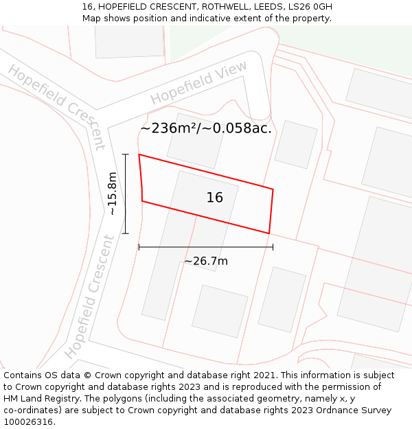 16, HOPEFIELD CRESCENT, ROTHWELL, LEEDS, LS26 0GH: Plot and title map