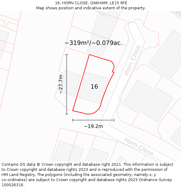 16, HORN CLOSE, OAKHAM, LE15 6FE: Plot and title map