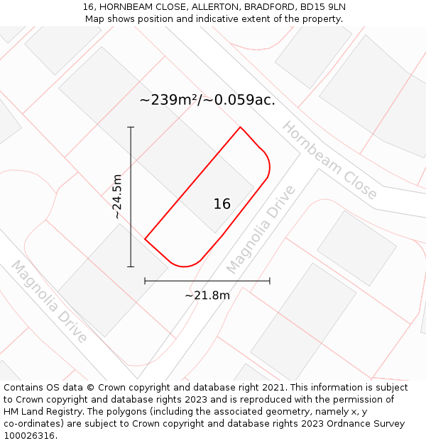 16, HORNBEAM CLOSE, ALLERTON, BRADFORD, BD15 9LN: Plot and title map